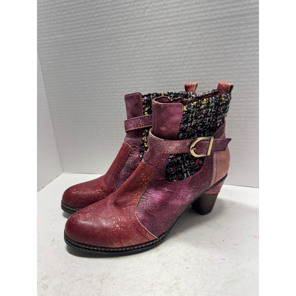 Spring Step L'Artiste Nancies Burgundy Leather Tweed Ankle Boots Size 38 7.5